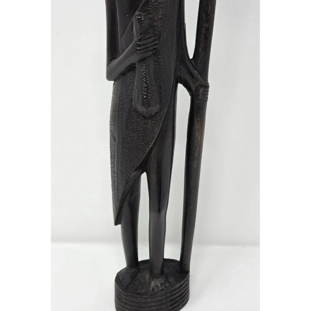 Vintage Hand Carved African Warrior Statue Figure w/ Spear‎ Wood Tribal Art 14